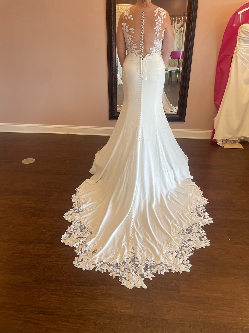 Size 16 White Mesh Sequin Lace-Back Wedding Dress with Long Train